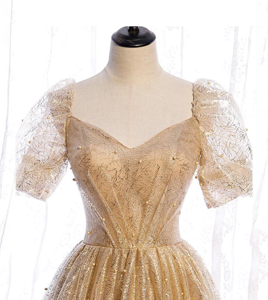 Short Sleeves V Neck Gold Tulle Long Prom Dresses, Gold Tulle Long For –  jbydress